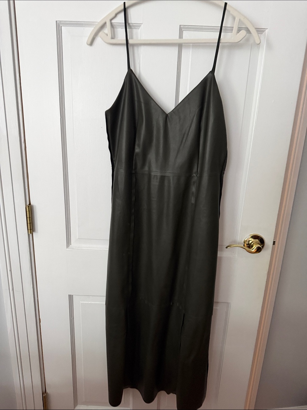 Banana Republic Olive Green Faux-Leather Slip Midi Dress